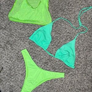 Green 3-Piece Bikini Set – Triangle + Cover Top